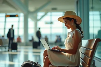 Jeune femme cherchant un voyage pas cher en août sur son ordinateur dans un aéroport international