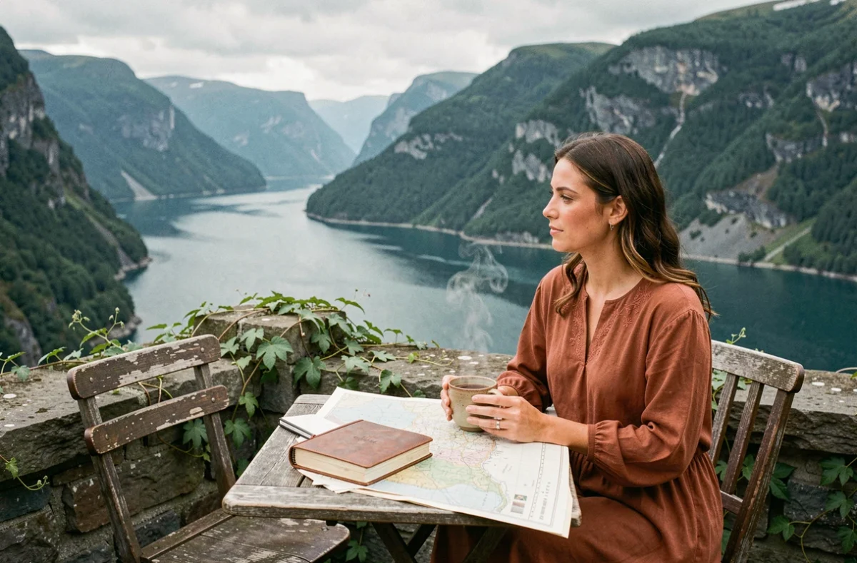 Jeune femme en voyage de noces assise sur une terrasse avec vue sur un fjord nordique, tenant une tasse de café et un journal de voyage ouvert