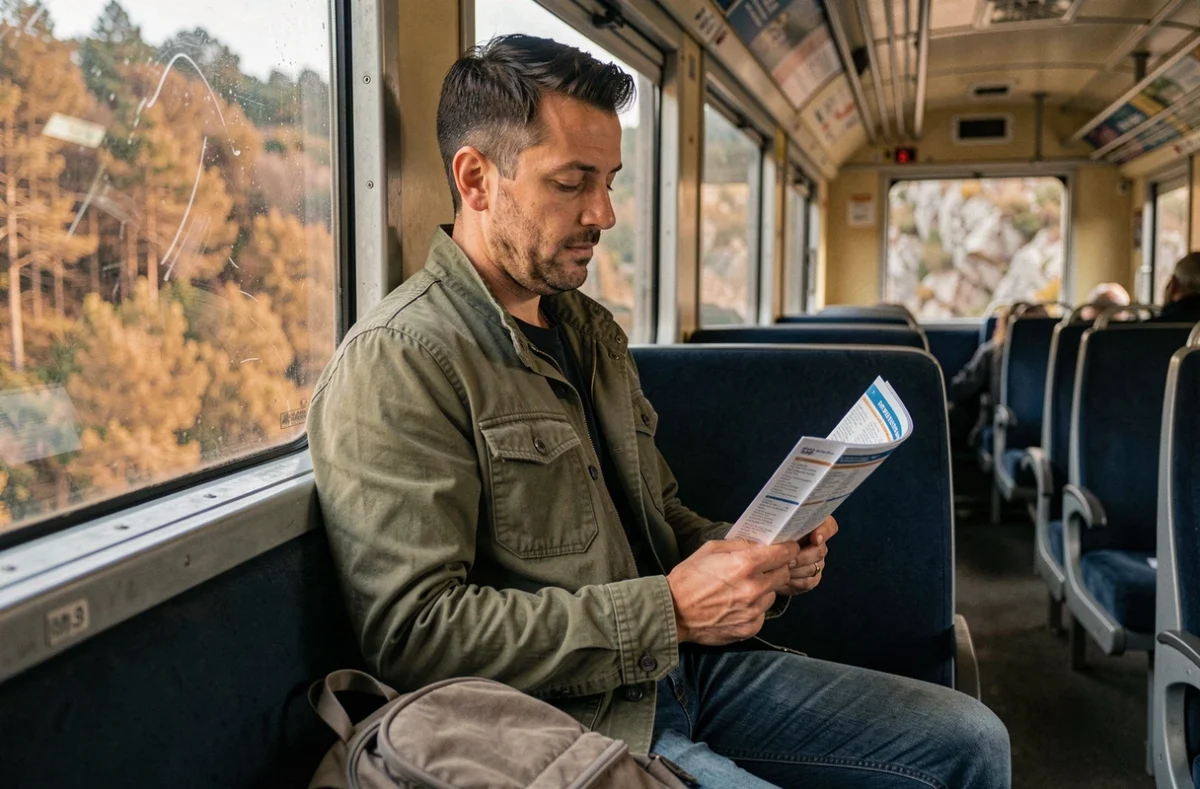 Voyageur lisant un horaire de train dans un wagon du train régional corse