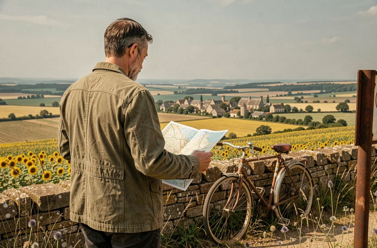 Voyageur solitaire consultant une carte routière face à un panorama de campagne française en août, voyage lent et économique