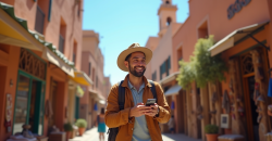 Voyageur souriant utilisant un smartphone dans une rue marocaine ensoleillee
