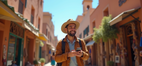 Voyageur souriant utilisant un smartphone dans une rue marocaine ensoleillee