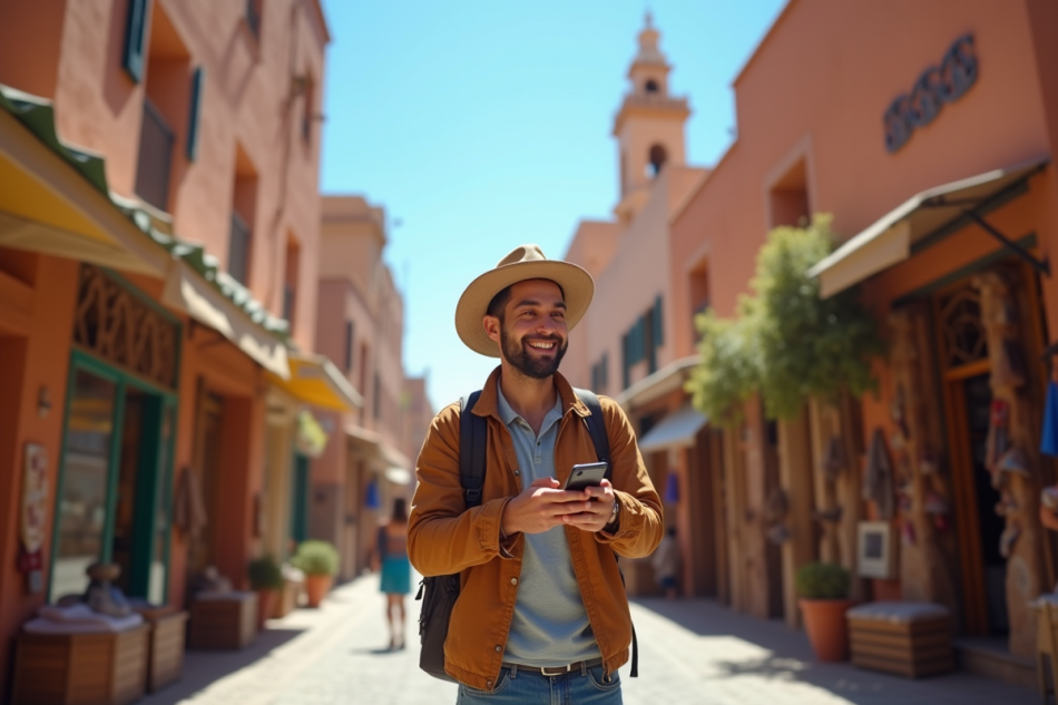 Voyageur souriant utilisant un smartphone dans une rue marocaine ensoleillee