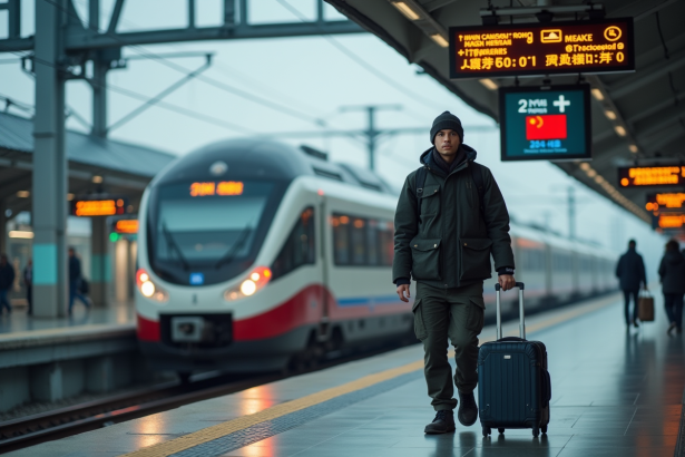 Jeune voyageur avec valise sur plateforme ferroviaire