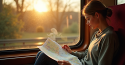 Jeune voyageur dans un train européen lisant une carte