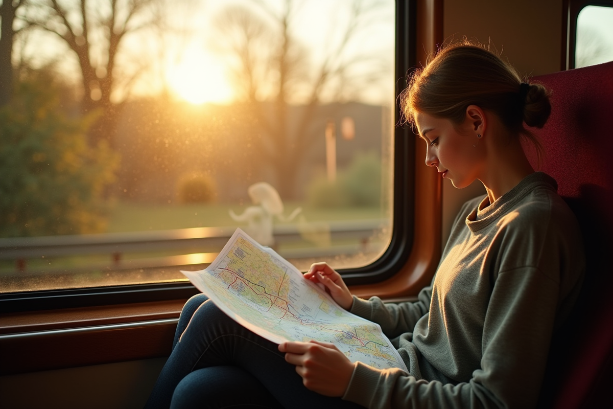 Jeune voyageur dans un train européen lisant une carte