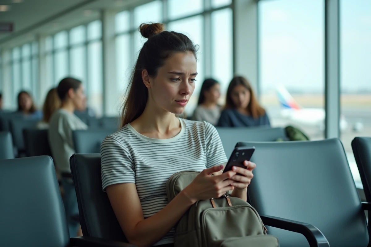 Jeune voyageuse dans un salon d'aéroport consultant son téléphone et sa carte d'embarquement Transavia