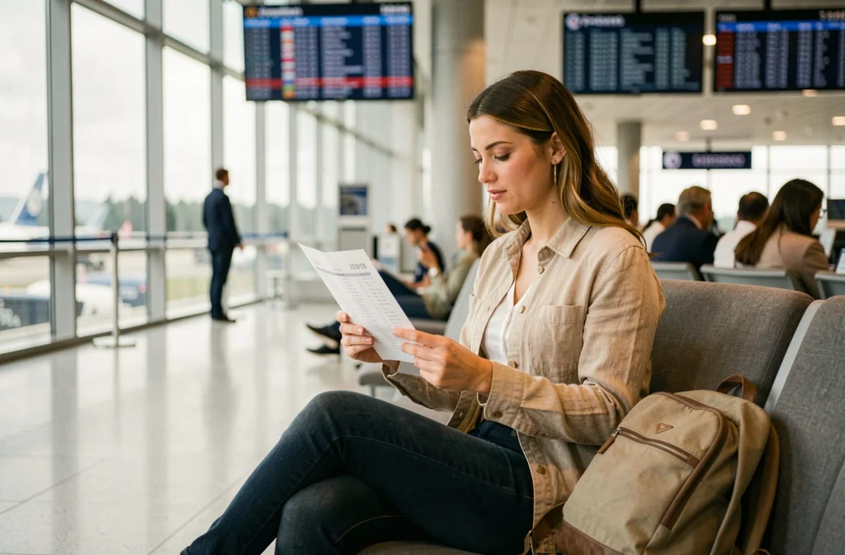 Voyageuse consultant un itinéraire de vol long-courrier dans un terminal d'aéroport moderne avant un départ Paris-Sydney