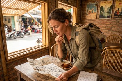 Voyageuse indépendante étudiant une carte artisanale dans un café local en Asie du Sud-Est, illustrant la planification d'un voyage hors des sentiers battus