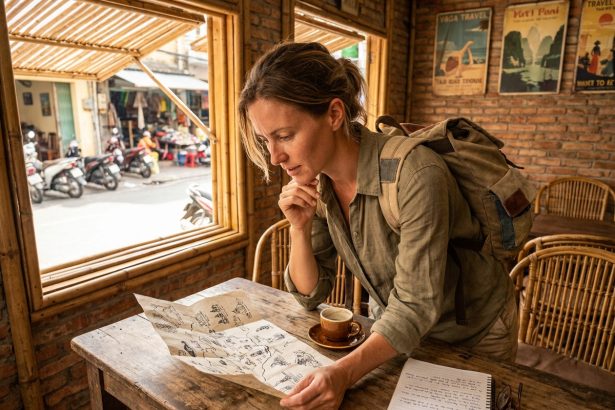 Voyageuse indépendante étudiant une carte artisanale dans un café local en Asie du Sud-Est, illustrant la planification d'un voyage hors des sentiers battus