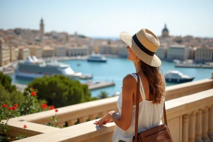Femme regardant le Grand Harbour à Valletta Malta