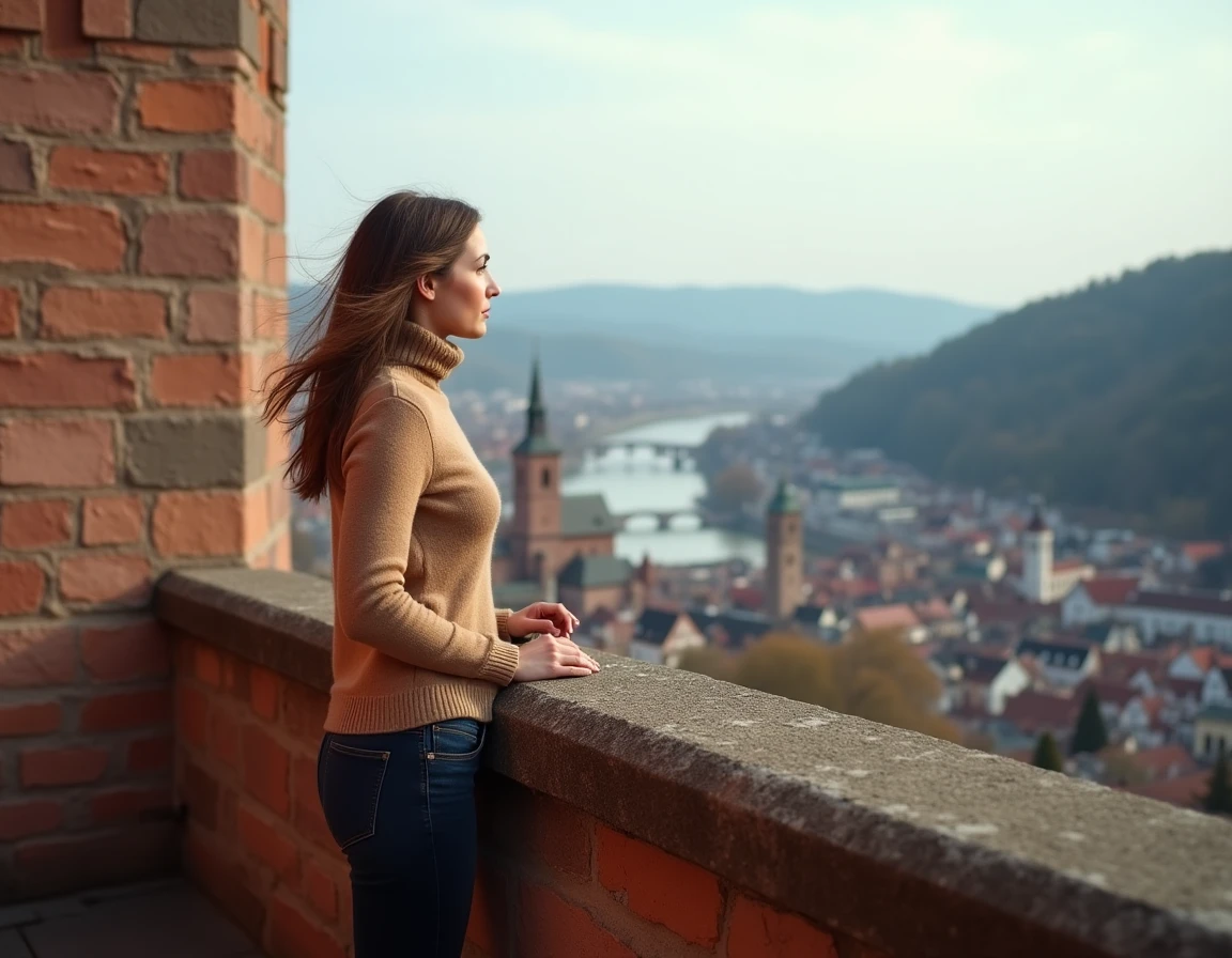Femme admirant la vue panoramique sur Heidelberg depuis la terrasse du château en automne